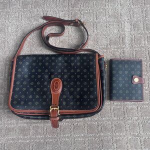 Pollini Monogram Logo Leather Handbag Purse W/ Wallet VTG Black Italy Made
